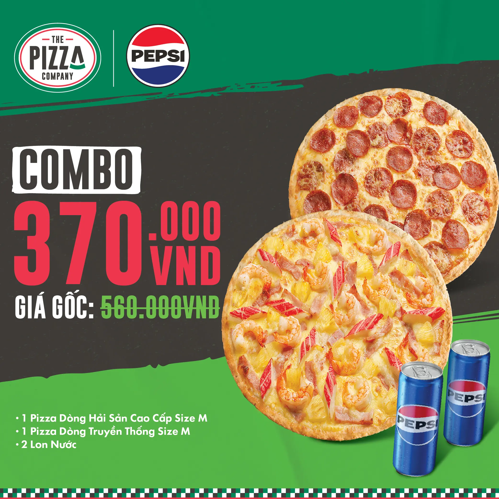 Combo 2 Pizza M - Hải Sản & Truyền Thống - (3-4 người) - 1 Pizza Dòng Hải Sản Cao Cấp size M + 1 Pizza Dòng Truyền Thống size M +2 Lon Pepsi - The Pizza Company - (Giao nhanh 1H)