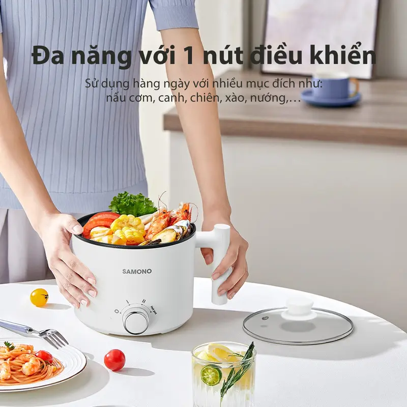 ( BH 1 năm) Samono Nồi Điện Đa Năng Hotpot 1,5L Kèm Xửng Hấp và Nắp Kính 150 Watt SW-DG04S Lòng hấp Inox 5