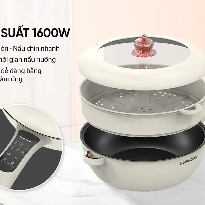 [MẪU MỚI] Chảo điện đa năng dung tích 5L SUNHOUSE SHD4555, 6 chức năng chiên, xào, lẩu, hấp, nấu cháo, giữ ấm 5
