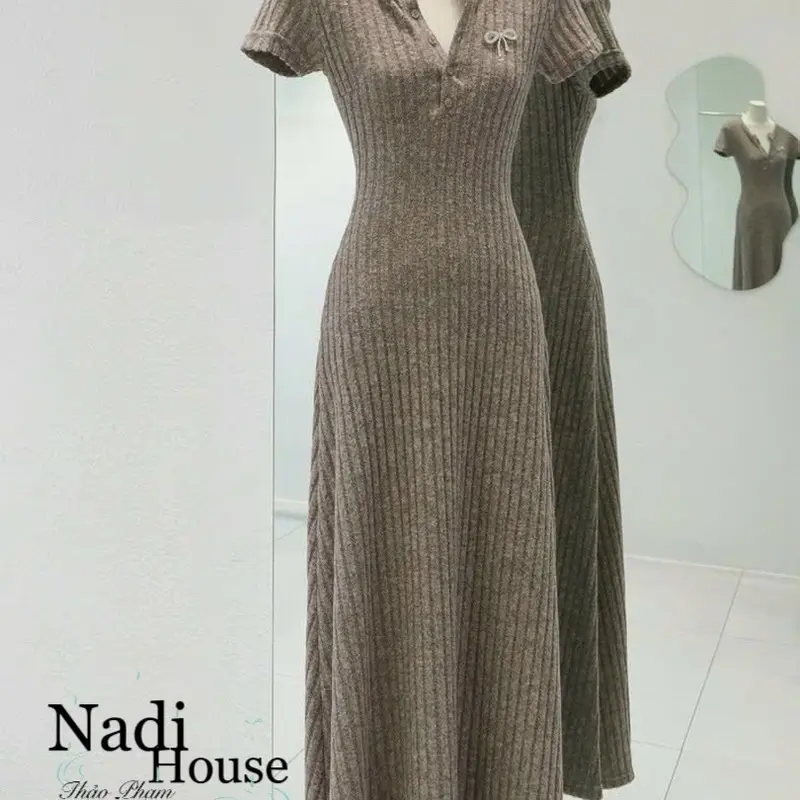 ĐẦM LEN ĐŨA DÁNG A, CÚC TRƯỚC, KÈM TAG NƠ ( 4 màu đen/ xám/ nude/ hồng, kèm ảnh thật), form dài maxi Nữ Women 3