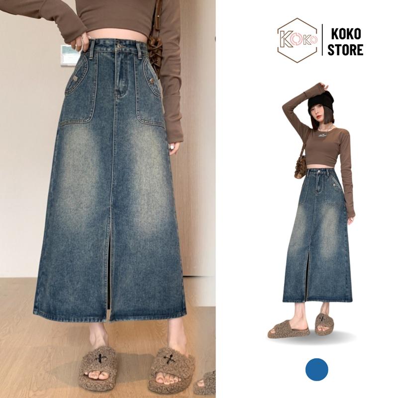 Chân váy jean nữ dáng dài xẻ tà trước, chân váy bò xanh hot trend 2024 KoKo CVD56 Women Voi