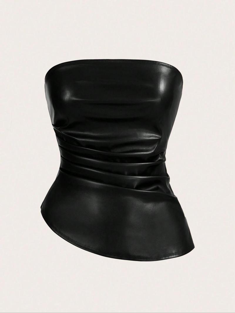 Product Introduction of Women's Solid Color PU Leather Tube Top, Fashionable Asymmetrical Hem Top for Daily Outdoor Wear, Ladies Clothes for Summer 3