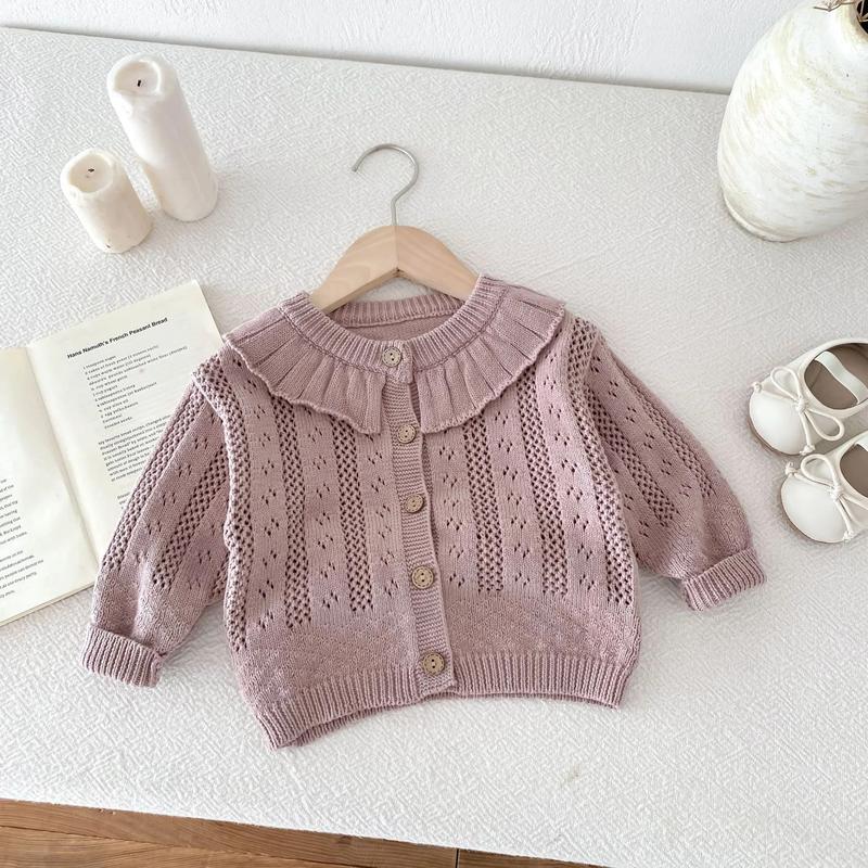 Product Introduction of Korean Baby Girl Autumn Hollow Out Sweater Cardigan Kids Fashion Cotton Ruffle Collar Knitted Jacket Spring Solid Outerwear Coat 26
