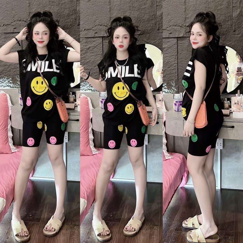 SÉT BỘ NGỐ ÁO THUN COTTON BA LỖ in hình (mc smile) phối quần ngố thun cotton in hình (mc) nữ mặc nhà đi chơi- Tuhaodobo Women Top 3