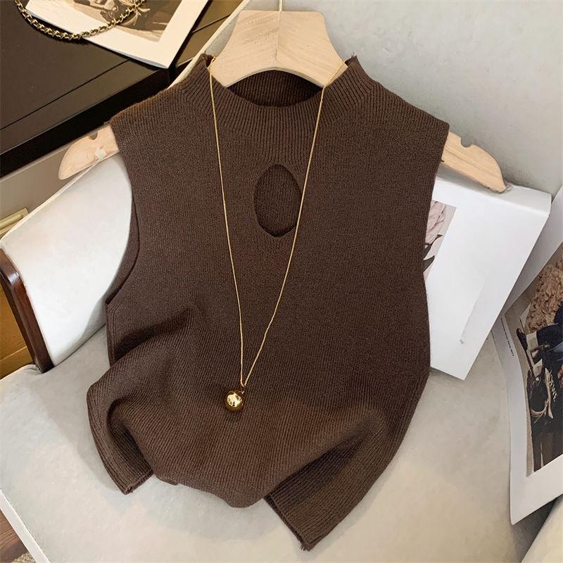 Product Introduction of Sexy spice girl niche hollow knit vest female bottoming shirt 2024 summer new solid color elastic short sleeveless top 2