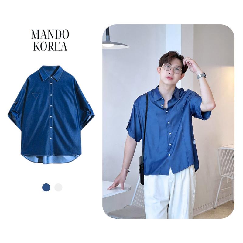 Shirt Áo Sơ Mi Ngắn Tay Nam Chất Liệu Vải Bò Lụa MANDO Menswear Phong Cách Hàn Quốc From Unisex Dễ Dàng Phối Đồ SHT035 Kem Denim