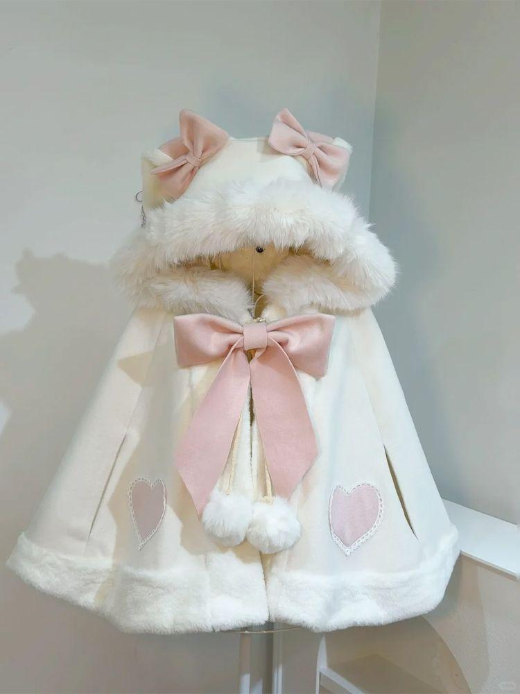 Product Introduction of 2024 Autumn and Winter New Sweet Cute Rabbit Ears Woolen Cloak Loose Youthful-Looking Bow Hooded Chic Coat 4