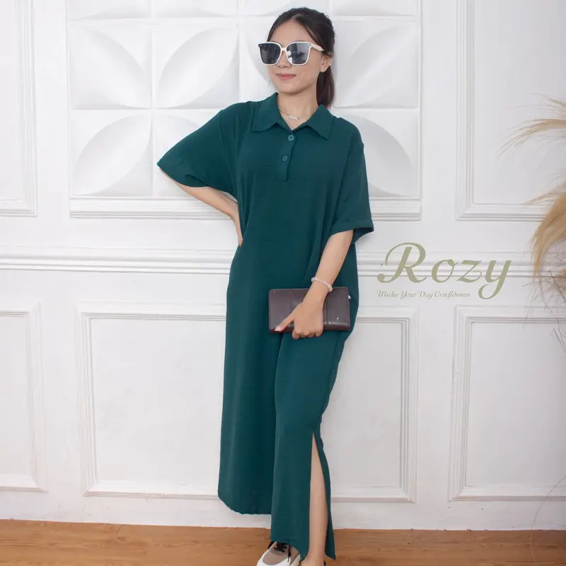Rozy - Long Dress Button Cringkel Baju Midi Casual Panjang Wanita Gaun Hitam Simple Baju Pesta Pendek 1