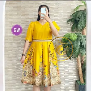 Dress Batik Wanita Premium Kode AMARA HM72 || Lapis trikot || Gaun kasual Bunga Manis V-Neck Lembut Baju Casual