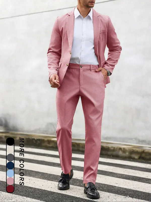 Men's Plain Business Suit Set, Slim Fit Lapel Neck Blazer & Pants, Men's Summer Clothes for Work Office Business, Menswear 5