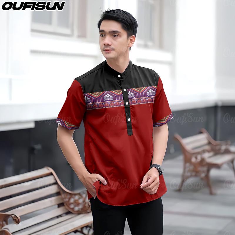 Product Introduction of Baju Raya 2025 Malaysia Ramadan Modern 3D Sublimation Print Stand Collar Short Sleeve Men's Shirt Casual Batik Koko Kurta Formal Shirt, MEN'S KOKO SHIRT 1