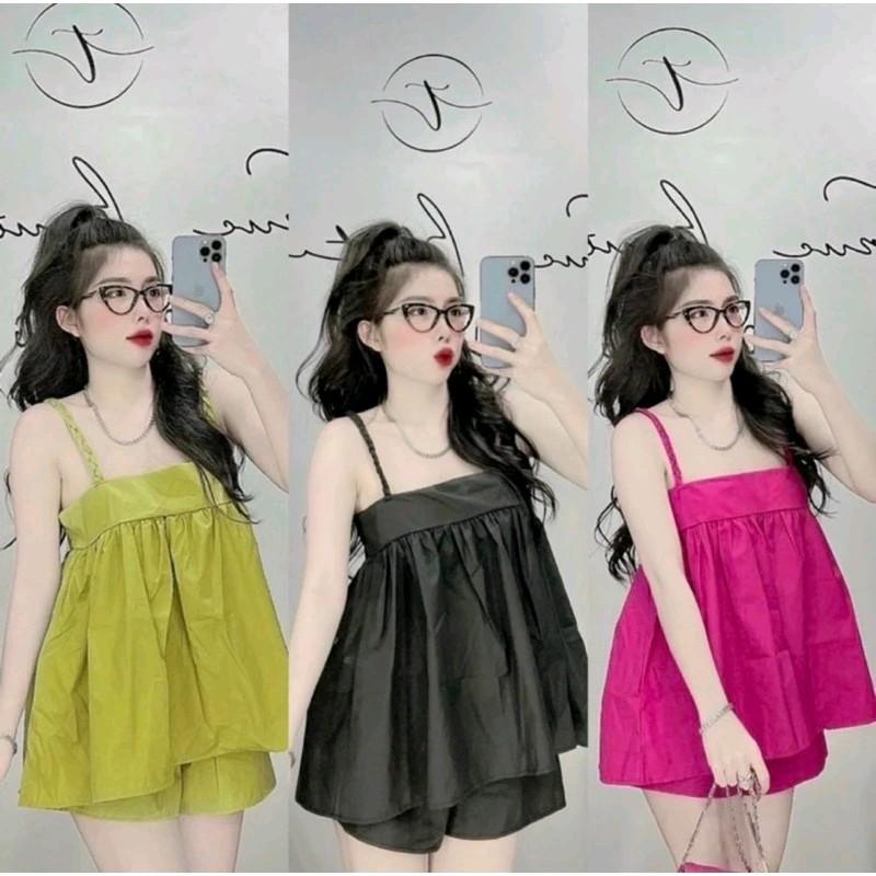 Bộ Quần Đùi Áo Dây Bính Mặc Nhà Nữ - Combo 3 Bộ Đùi Đan Rít 3 Màu Xanh, Hồng, Đen Chất Vải Lụa Mỏng Mát Form BabyDoll Dễ Thương Dưới 60kg & 80kg Women