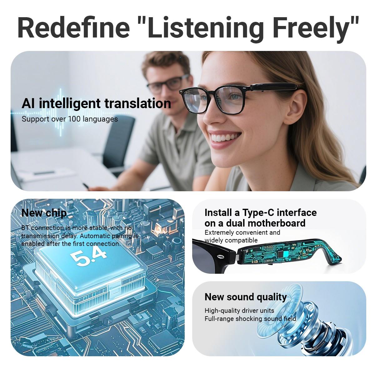 AI Intelligent Translation Glasses Sunglasses Remote Control Music Eyewear Waterproof Eyeglasses