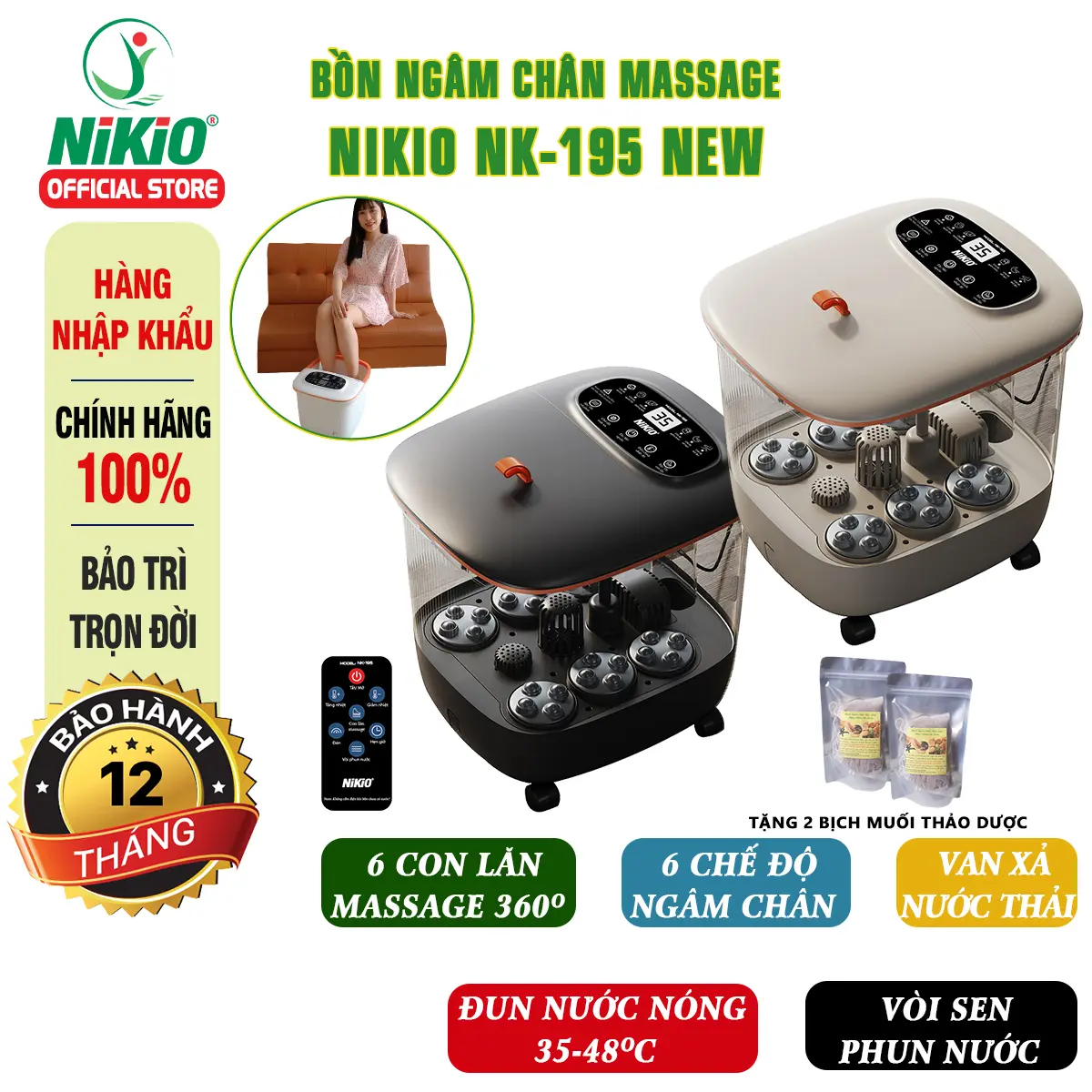 NK-195_Bồn Ngâm Chân Nikio - 4 Con Lăn Massa Bàn Chân, Đun Nóng Tự Động, Vòi Sen Phun Nước, Nhiệt Độ Nước 35-48ºC, Có Remote Điều Khiển Và Bánh Xe Di Chuyển Tiện Lợi Massage