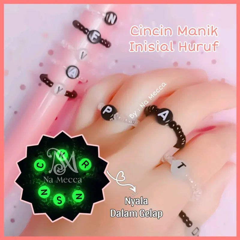 Cincin Manik Couple Inisial Huruf Glow In The Dark / Beads Ring Korea Idol K-Pop Custom Nama Aksesoris Fashion Kekinian By Na Mecca Collection 0