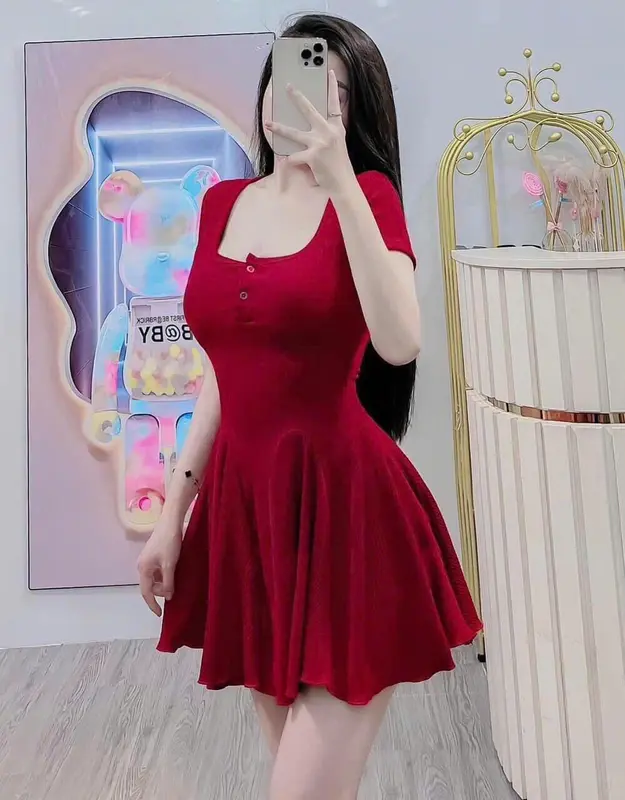 Đầm Thun Tăm Lạnh Tay Ngắn Cổ Vuông Dáng Xòe Kèm Quần Rời Tôn Dáng Ôm Body Nữ Women Kem Dress Xám 4
