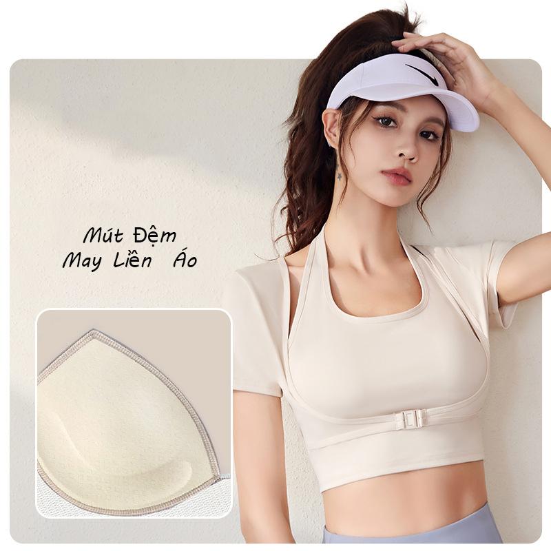  Áo thun tập gym nữ có mút đệm may liền áo croptop nữ tay ngắn big size tập thể dục tập yoga pilates  Thun Sport Tập Aerobic Thể Dục CROP14 