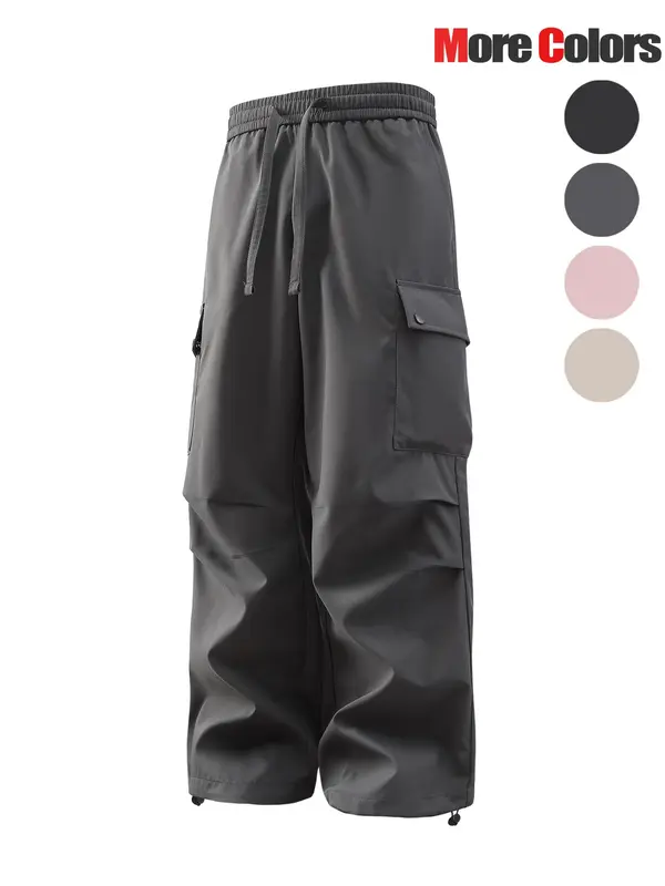 Men's Solid Color Flap Pocket & Slant Pocket Design Drawstring Waist Cargo Pants, Loose Casual Comfortable Windproof Waterproof Wide Leg Trousers with Drawstring Hems for Outdoor Activities, Fashion Men's Bottoms for All Seasons 6