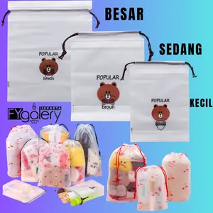 HL0072 Pouch Transparan 10 pcs Random Motif Karakter Tas Serut Travel Storage Bag Make Up Organizer Anti Air Plastik