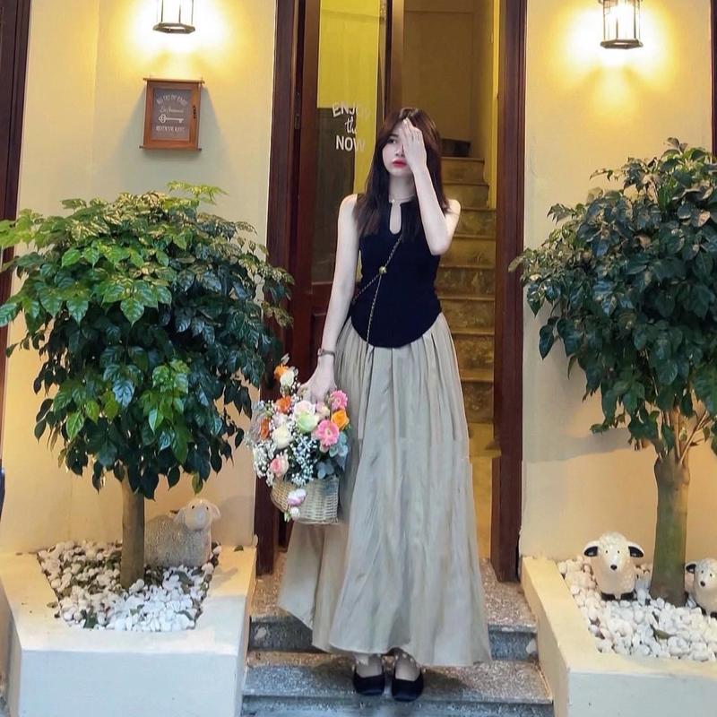 Sét chân váy midi có túi + áo thun ( cv dài 103cm)