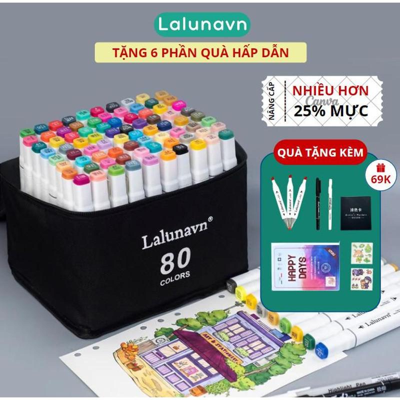 Bút màu MARKER LALUNA 30/48/60/80 bản Mới CÓ KHAY Túi Vải tặng kèm tranh in sẵn + 2 bút line + da họa cụ bút dạ màu vẽ học sinh