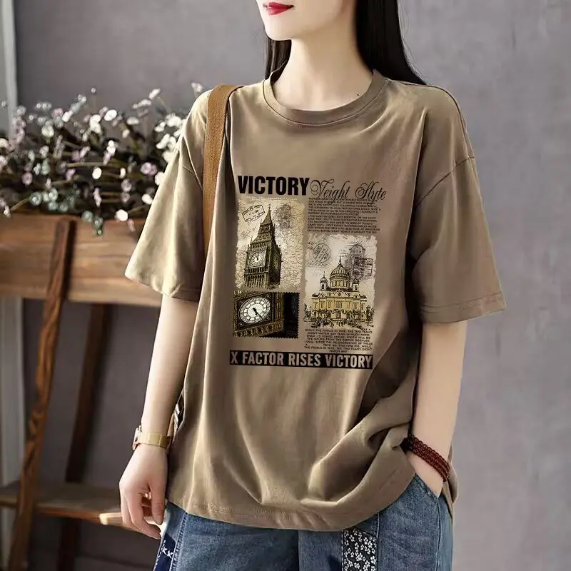 Áo Thun 100% Cotton 2024 Áo Dáng Rộng Mùa Hè Ngắn Tay Cho Nữ Áo Thun Dài Trung Bình dễ phối đồ In Vai Mới Thời Trang Ins Top Women Cổ Tròn