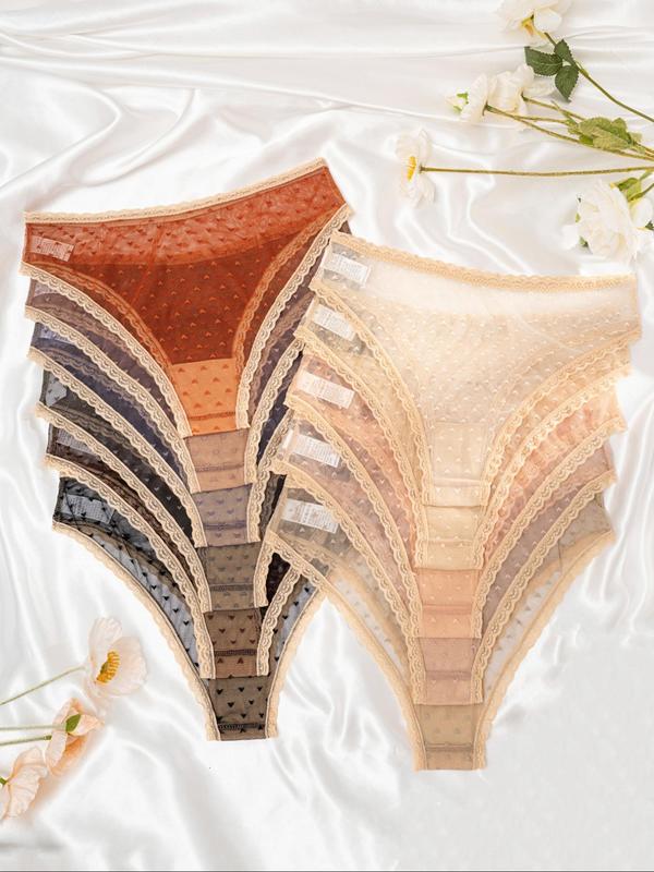 Women's Cute Heart Print Bow Front Contrast Lace Scallop Trim Knicker, Soft Comfy Breathable Cozy Contrast Mesh Panty for Daily Wear, Underwear for All Seasons 1