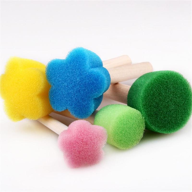5pcs/set Random Color Kids Sponge Stamp Brush Kit, Paint Learning Sponge Brush, Print Pattern Brushes with Wooden Handle, Art Supplies, DIY Kit, Craft Supplies 2