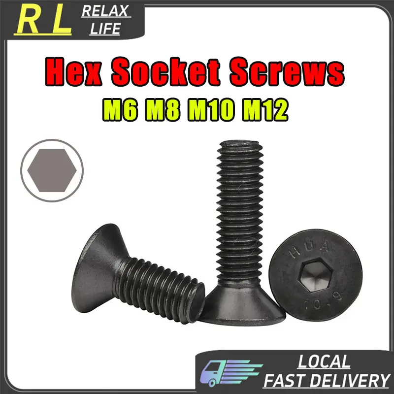 ✨RL✨M6-M12 Black Hex Socket Flat Head Screw M8 M10 304 Stainless Carbon Steel CSK Hexagon Round Head Screw Grade 10.9