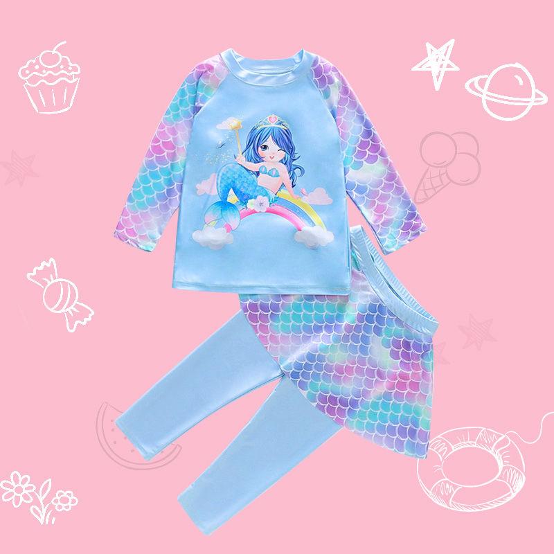 Children's Swimwear Girls New 2024 Cartoon Split Long-Sleeved Long Trousers Polyester Swimsuit Set 2
