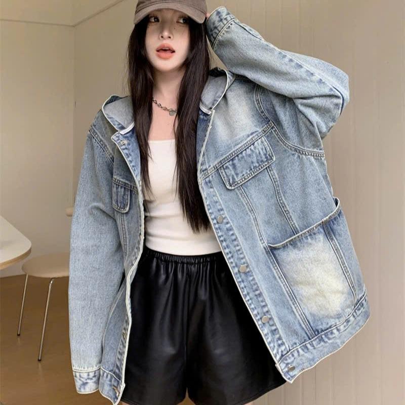 Áo khoác jean nữ có mũ dài tay hai màu xanh và đen, áo jeans KABICO khoác ngoài dáng rộng phong cách_G17