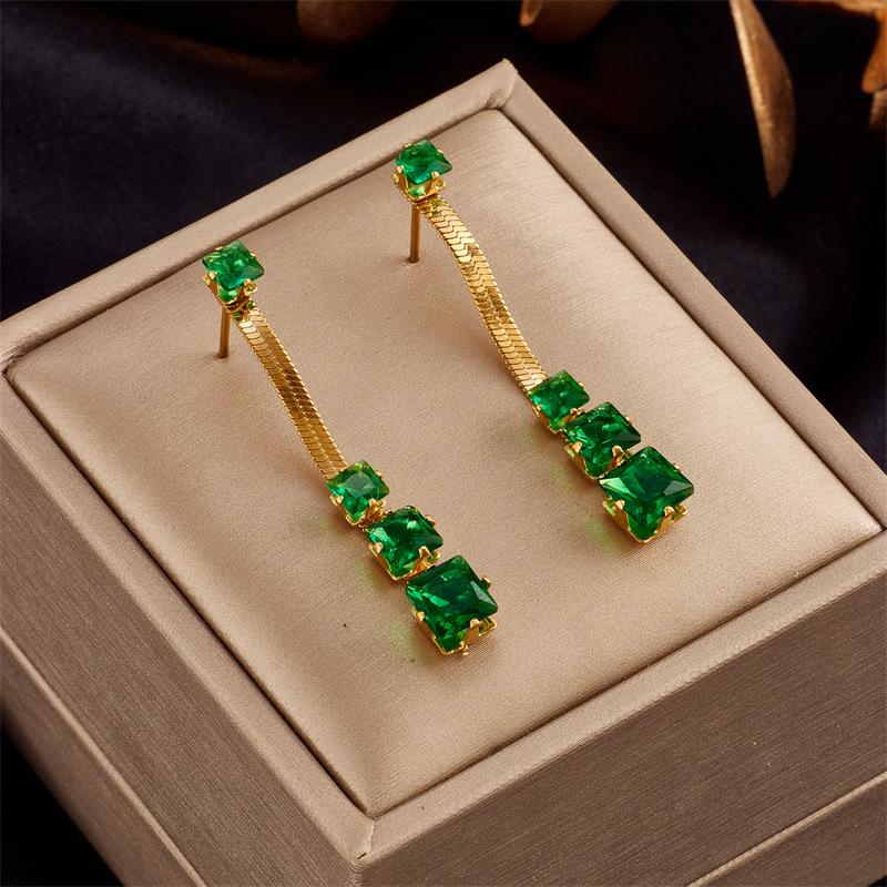 Bông Tai Màu Xanh Lá Cây Trong Suốt Hình Vuông, Phong Cách Hàn Quốc, Thời Trang Độc Đáo, Thiết Kế Rant Bào, Phong Cách Cổ Điển Làm Bằng Thép Titan 0
