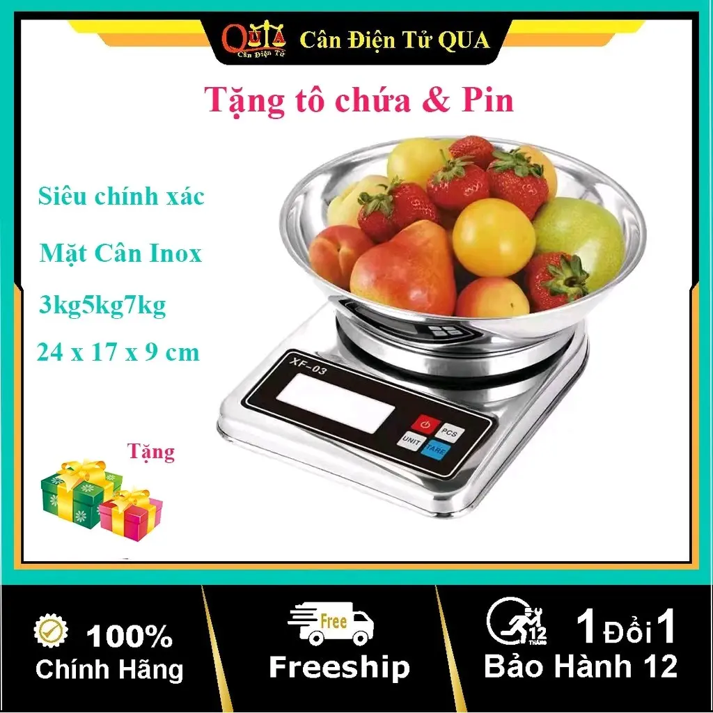 Cân Điện Tử Mini Nhà Bếp - Cân Inox XF-03 3kg 5kg & 7kg ( Bảo Hành 12 Tháng ) .