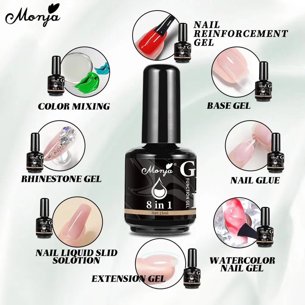 Monja 15ml 8 IN 1 Nail Gel Polish Top&Basecoat For False Nails Tips Nail Extension Function UV LED Reinforcement Gel DIY Manicure Tools