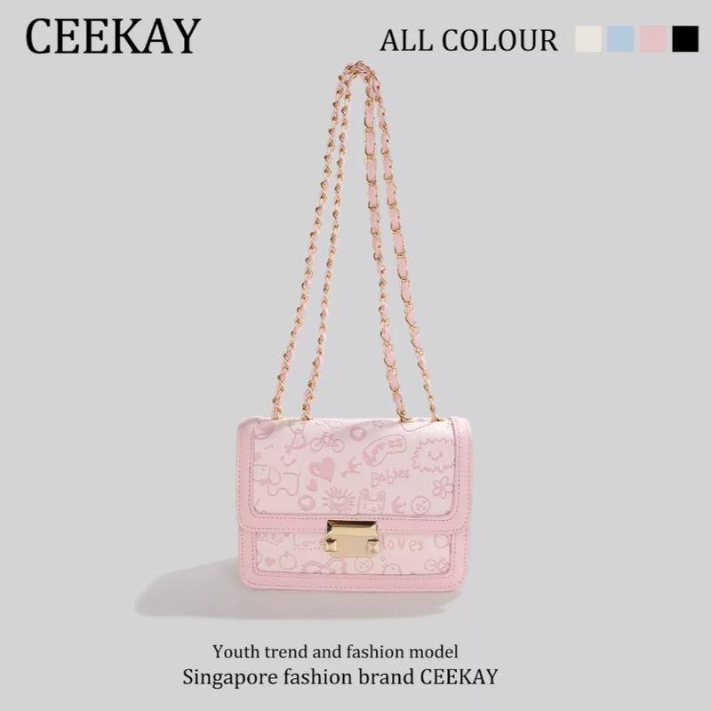 Túi Xách Nữ CEEKAY Chính Hãng Đồ Hoạ Hoạt Tiết Khoá Gập Bấm Quai Phối Xích Hàng Order