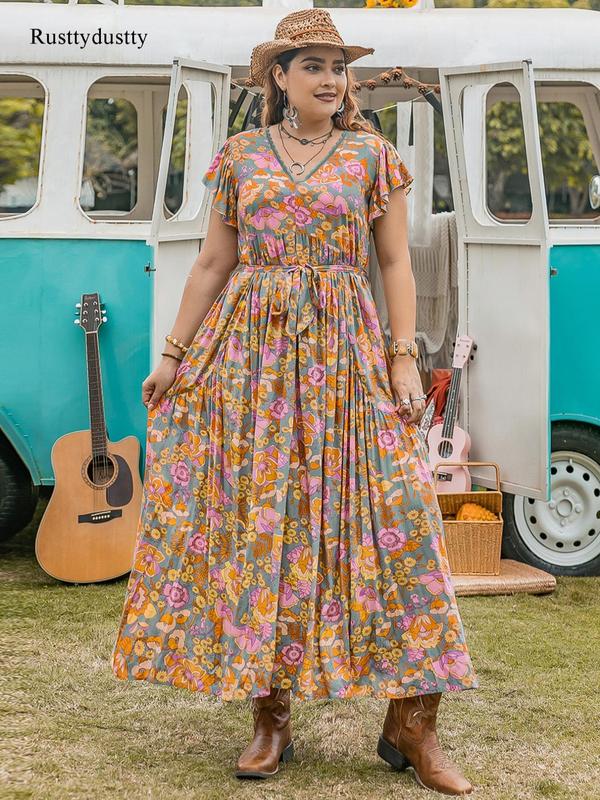 Plus Size Floral Print Ruffle Hem Belted A Line Dress, Comfort Bohemian Dresses for Women, Contrast Lace V Neck Long Dress for Beach Vacation Holiday, Summer Dresses 2025, Sun Dress 6