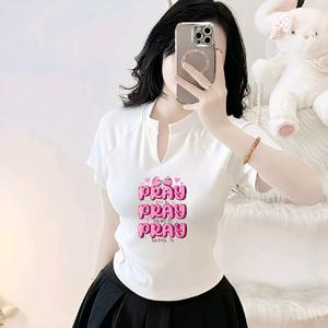 Áo Thun Nữ Cổ Trụ Chữ V In Chữ "PRAY", Chất Vải Thun Borip, Voan Women Top Trắng
