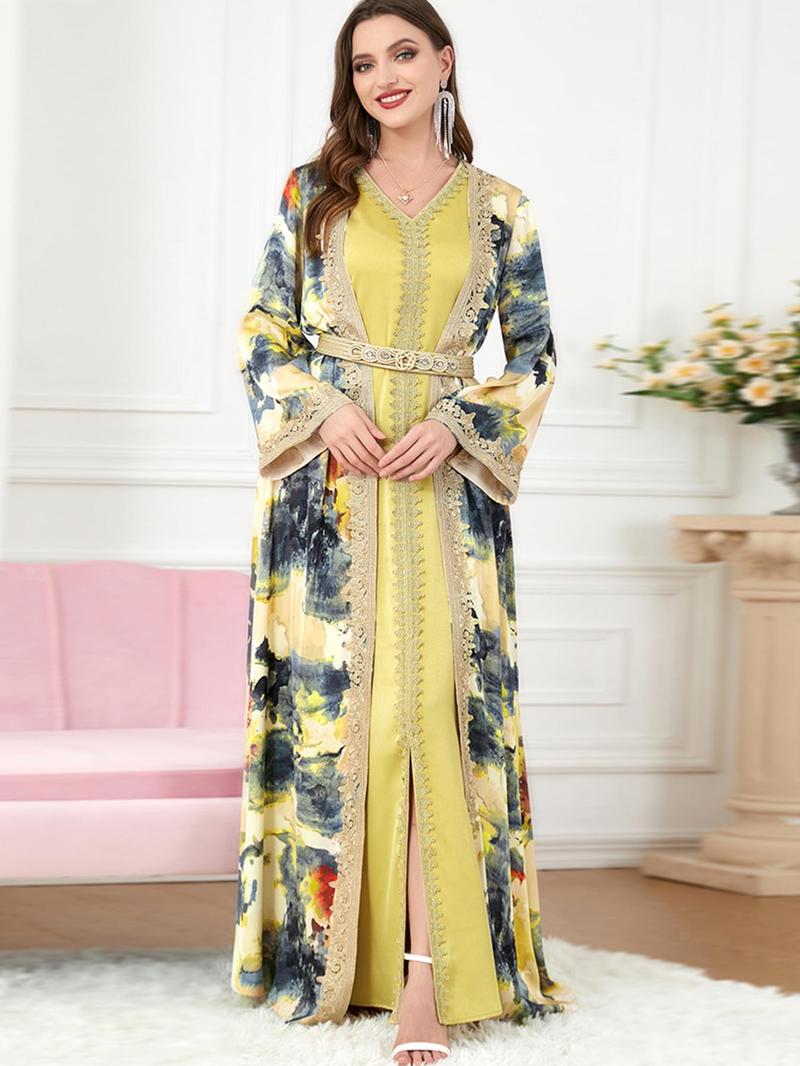 Product Introduction of Arabic Clothing-Tie Dye Embroidery Appliques Split Arabian Dress, Modest Asian Suits Eid, Moroccan Thobes, Abaya for Women, Festival Outfits, Women's Spring Muslim Clothes 1