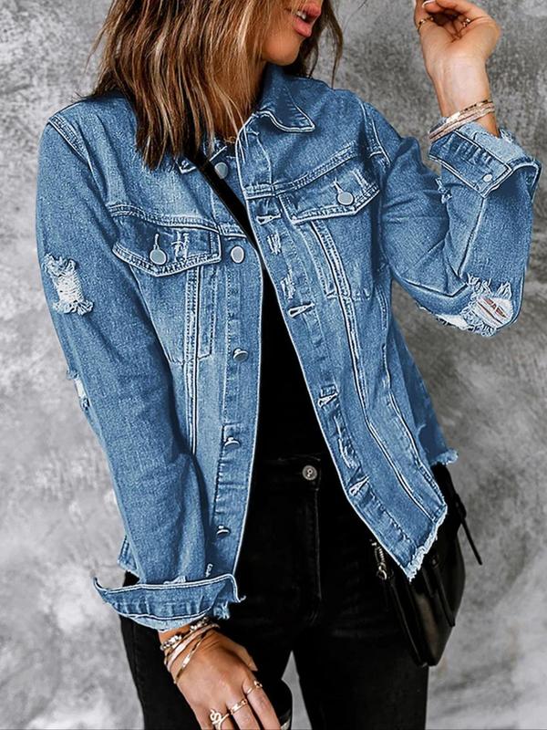 Women's Plain Ripped Button Front Denim Jacket, Casual Long Sleeve Collared Raw Hem Jacket for Daily Wear, Ladies Clothes for All Seasons 2