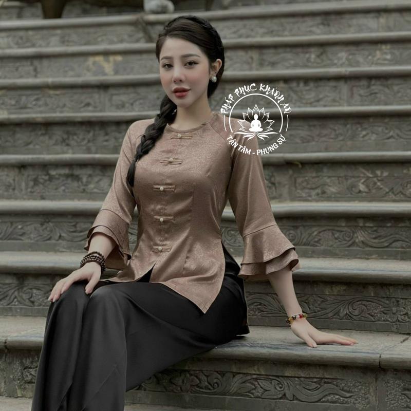  KA15 Bộ lam cách tân cổ tròn tay loe lụa Gấm cao cấp Pháp phục Khánh An Đồ Bà Ba Đi Chùa Nữ Áo Women Top 
