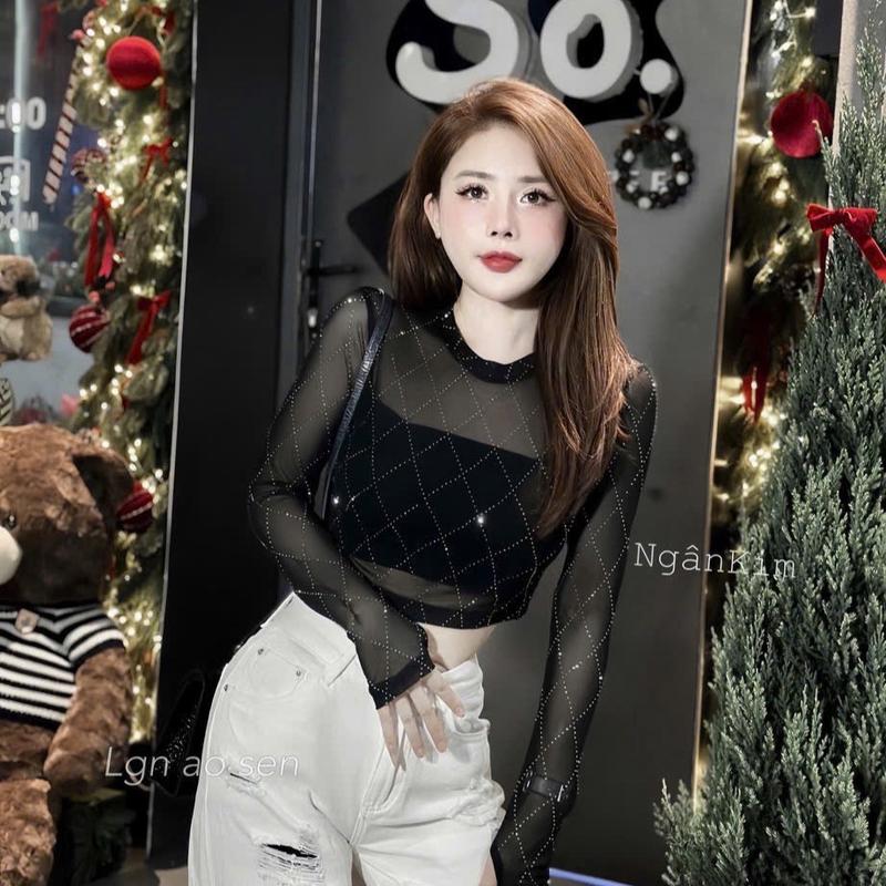 Áo thun nữ croptop cổ tròn tay dài đính đá. phong cách đơn giản chất thun tơ 2 lớp dày dặn chuan from shop 0