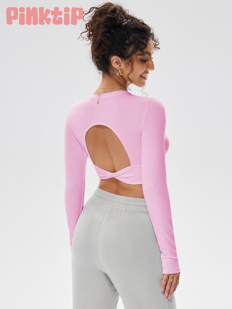 Product Introduction of Women's Solid Backless Sports Tee, Sporty Thumb Hole Design Long Sleeve T-shirt for Yoga Gym Workout, Ladies Sportswear for All Seasons 6