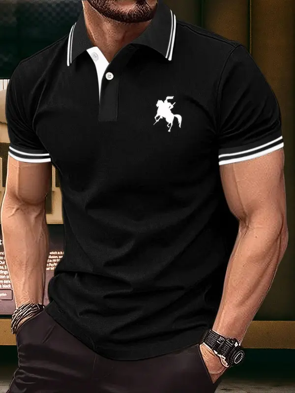 Men's Regular Fit Horse Print Contrast Trim Polo Shirt, Casual Short Sleeve Half Button Collar Top for Summer, Fashion Men's Clothes for Daily Wear 0