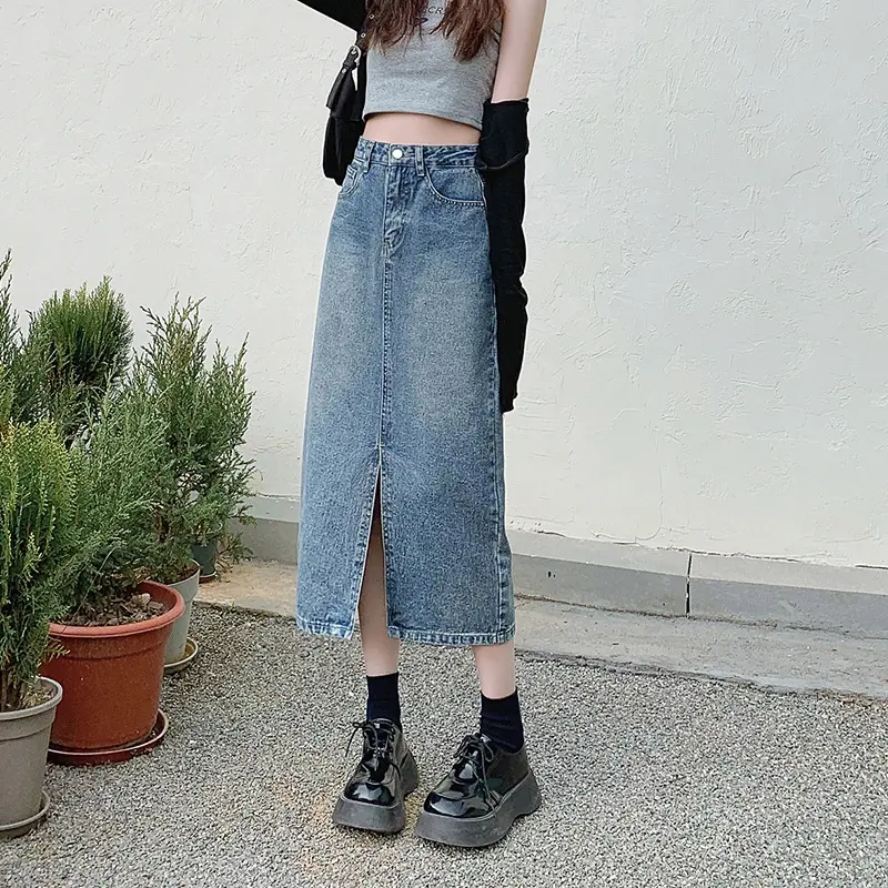 yikoo-Rok denim wanita korea rok long skirt pembahagian depan Hitam Biru Panjang