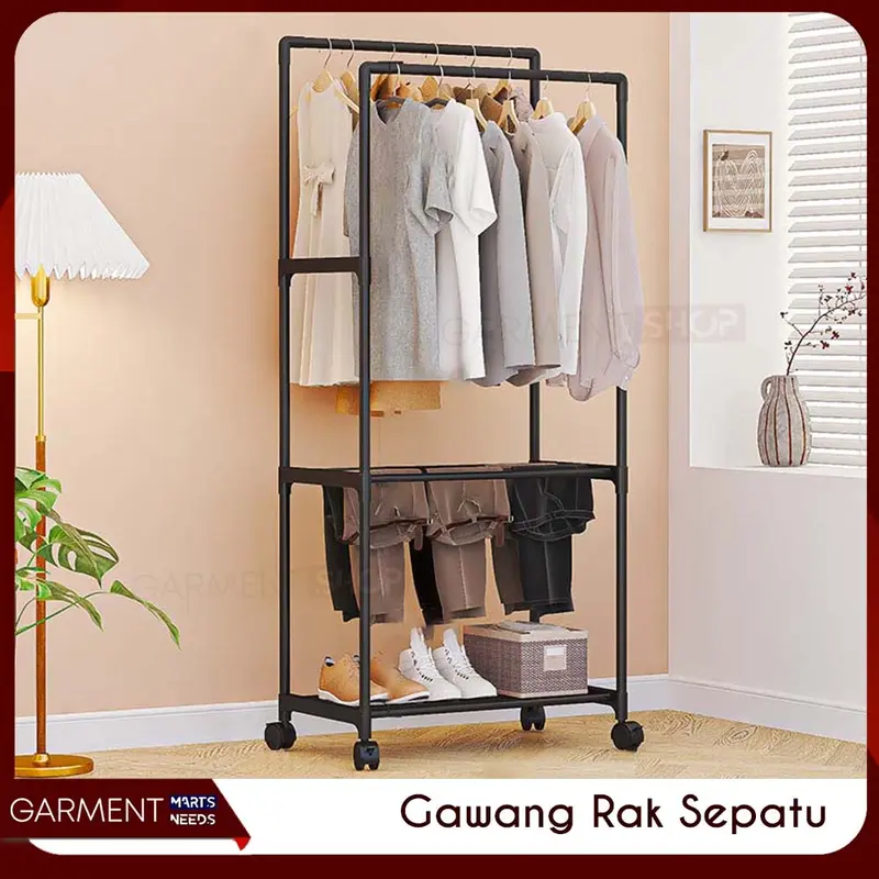 [TERMURAH] - Rak Gantungan Baju Celana Sepatu Stand Hanger Dengan Roda Keranjang Tempat Penyimpanan Serbaguna 3