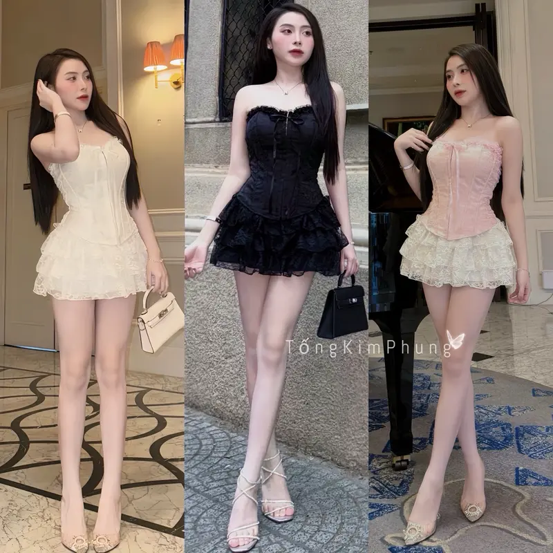 Sét áo CORSET CÚP NGỰC Khuy cài XƯƠNG CÁ+chân váy REN 4 TẦNG tiểu thư sang chảnh ĐI CHƠI ĐI TIỆC(có gọg) 0