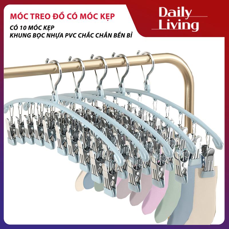 Móc Phơi Quần Áo Có 10 Móc Kẹp MQ-02 Móc Treo Quần Áo Có Kẹp Phơi Quần Áo, Tât Vớ, Đồ Lót, Phơi Đồ Cho Bé Phủ Nhựa PVC Mềm Chống Sỉ Chắc Chắn Bền Bỉ