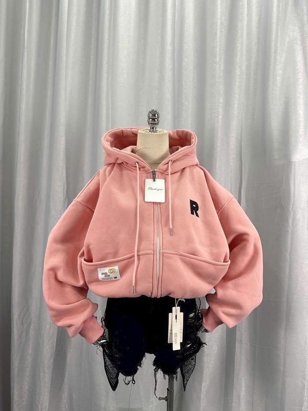 Áo Khoác Hoodie Dây Kéo Thêu LOGO R Vải Nỉ PE Phối Túi Nón lớn From Croptop Rộng Phong Cách Hàn Quốc Hot Trend áo  khoác  nỉ  dày  dặn 7