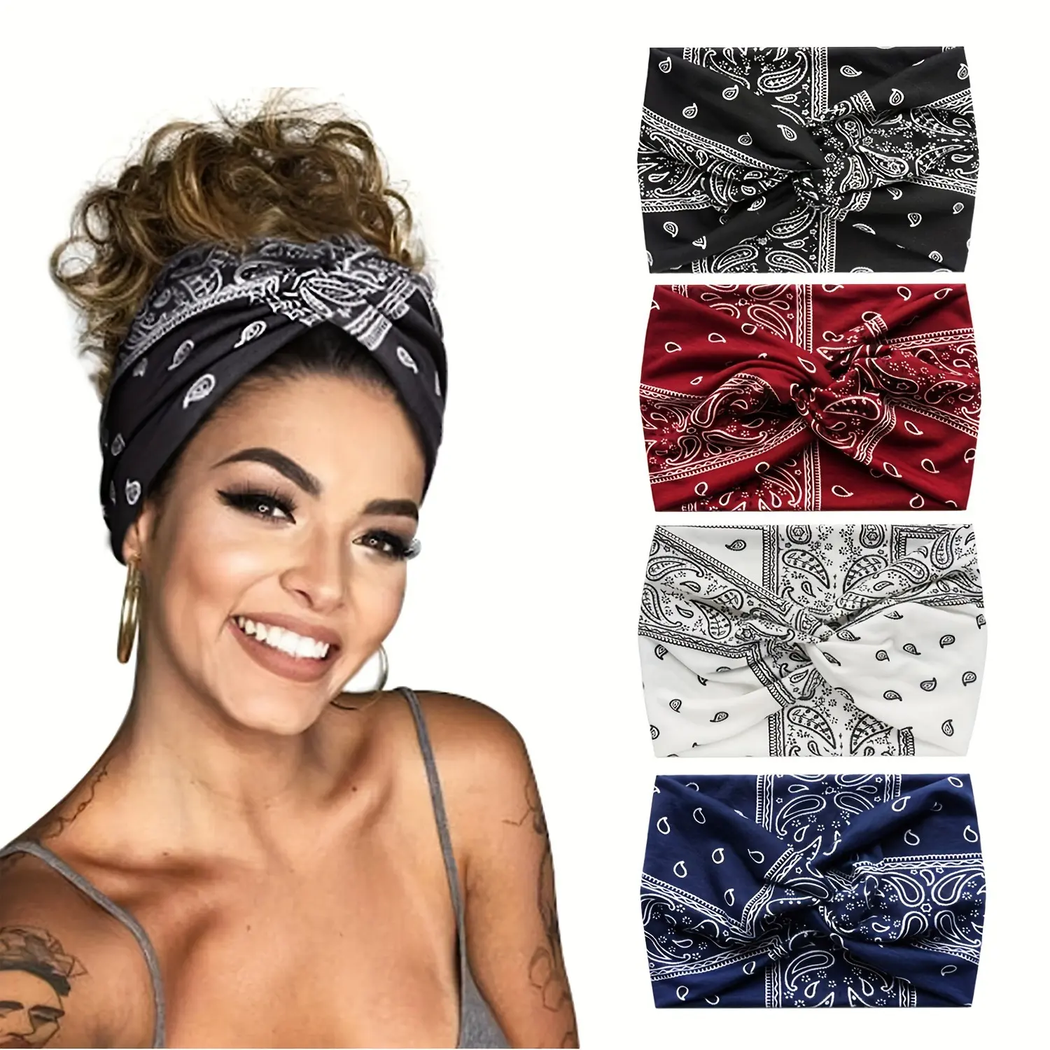 Boho Women Floral Print Outdoor Headband Sports Elastic Wide Running Adjustable Headbands Criss Cross Yoga Sweat Absorption Head Band Bandeau Sport Hair Band Hair Accessories