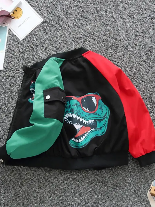 Boys Colorblock Dinosaur Print Pocket Zip Up Bomber Jacket, Casual Raglan Sleeve Mock Neck Outerwear for Fall & Winter, Kids Clothes for Daily Wear 0